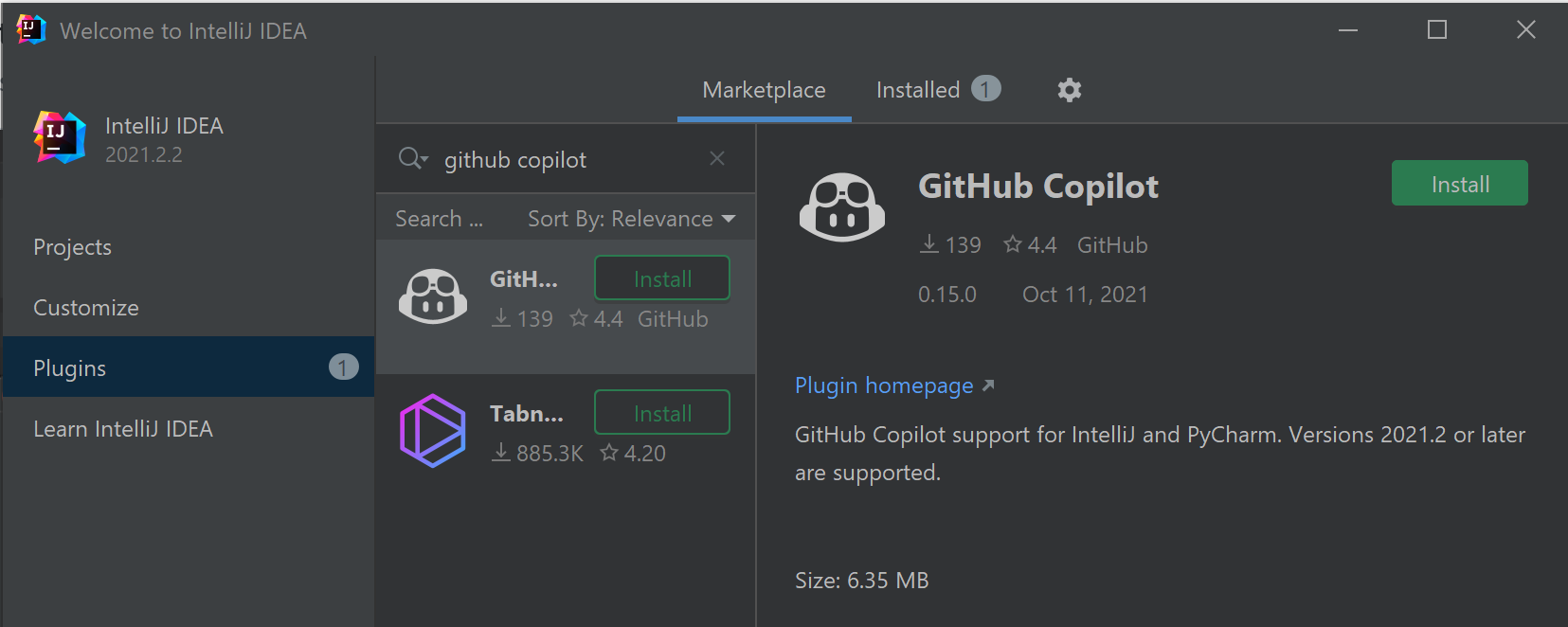 Search for `github copilot`